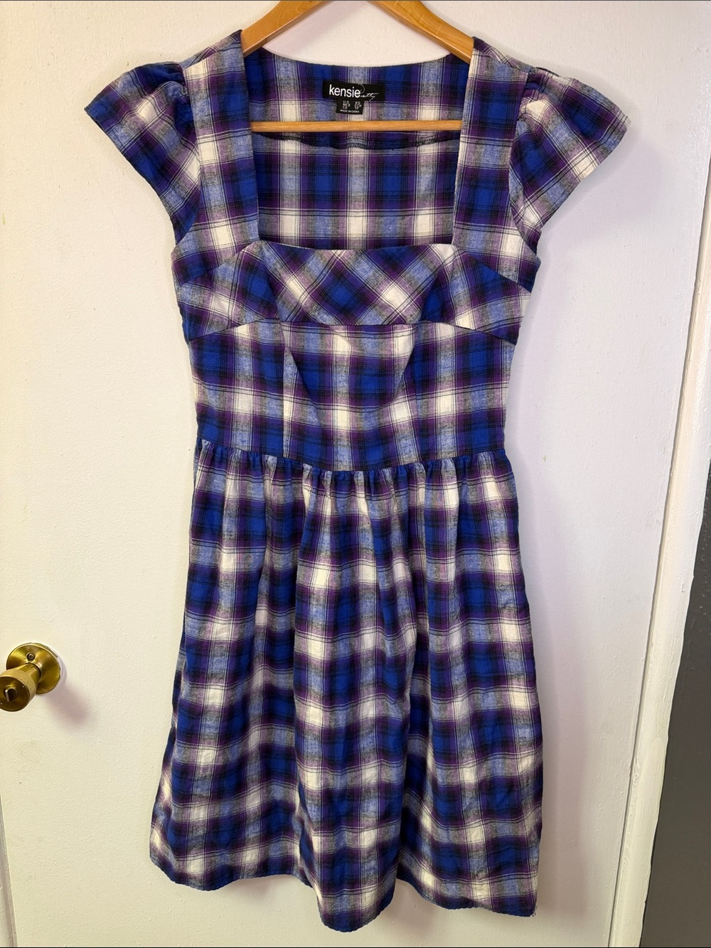 Kensie Blue and Purple Plaid Cap-Sleeve Square Neck Dress